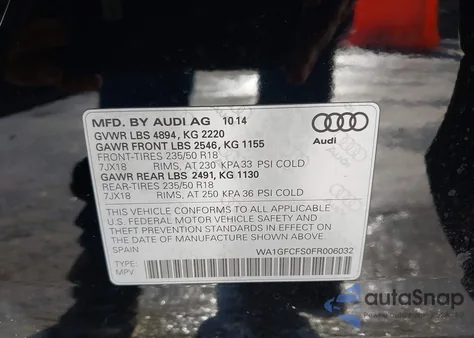 2015 Audi Q3 2.0T Premium Plus z USA, uszkodzony, nr VIN WA1GFCFS0FR006032